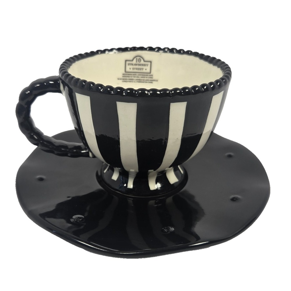 10 Strawberry Street Black White Stripe Ceramic Teacup Saucer Set Halloween